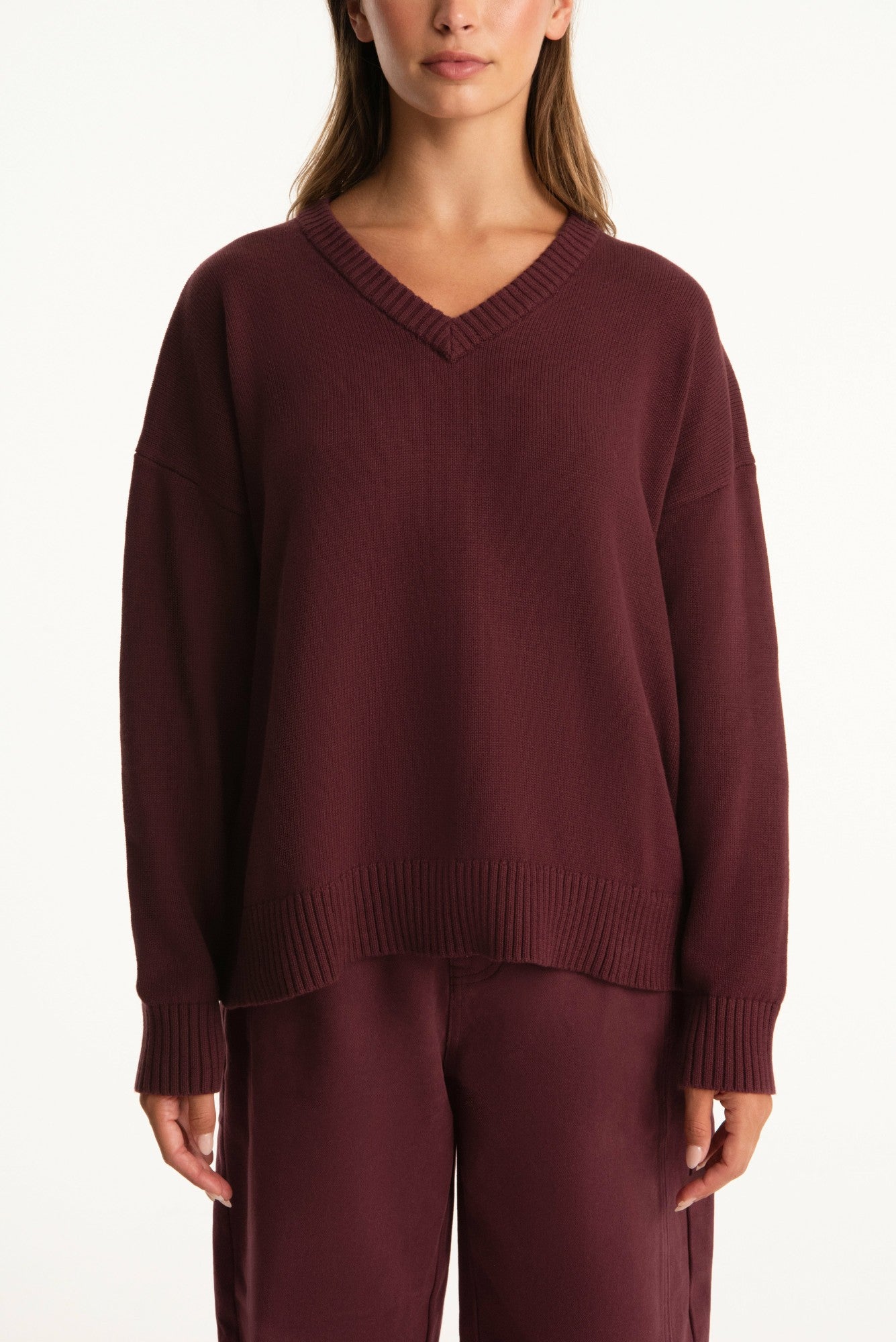 SET X PARKE COTTON V-NECK SWEATER - RHUBARB | SET ACTIVE